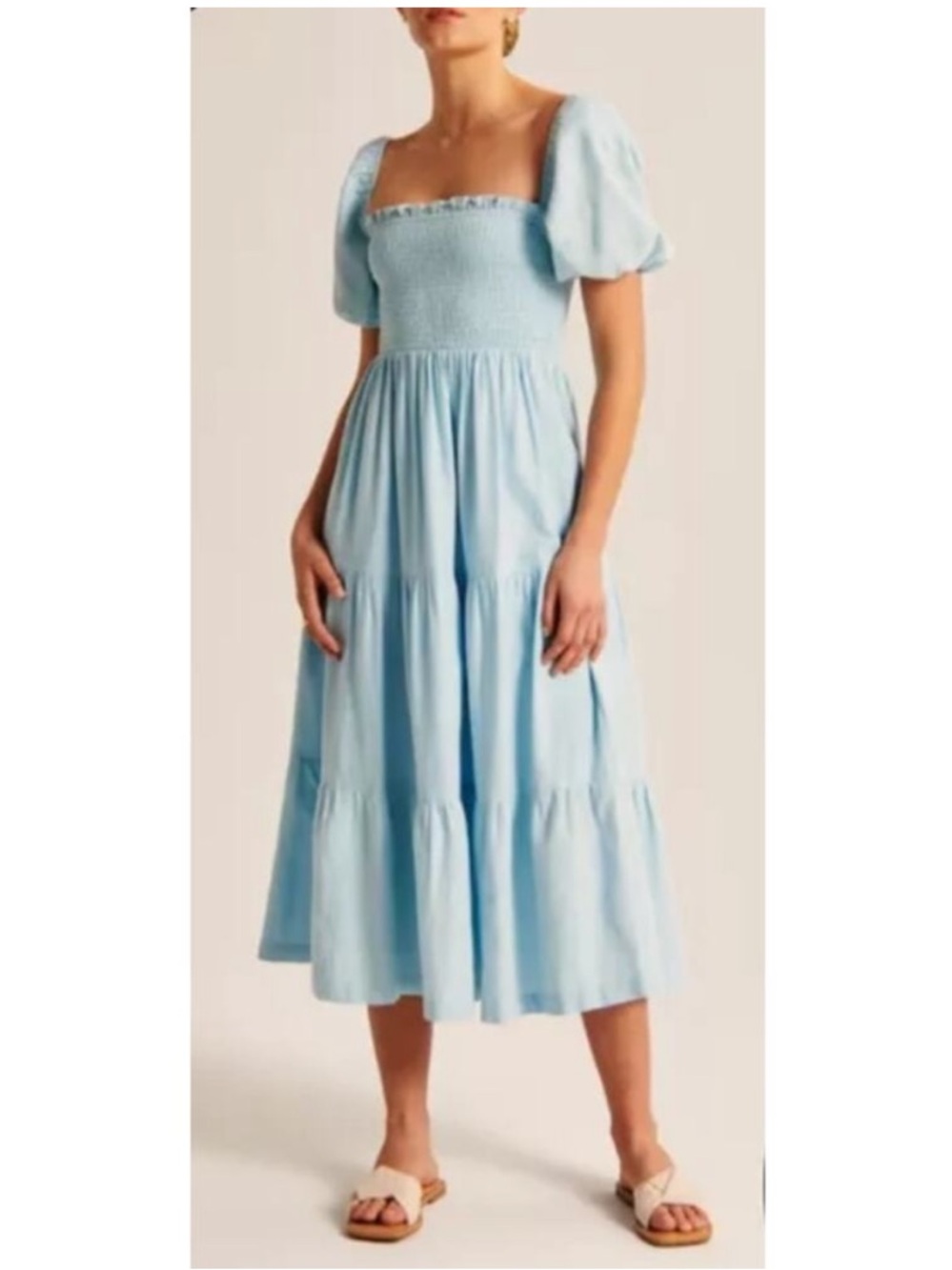 Abercrombie Smocked Bodice Linen-Blend Midi Dress Blue - Picture 1 of 5